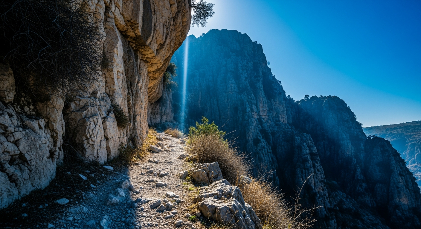 Narrow mountain trail lit by a single beam of sunlight through a cliff gap, God's presence guiding believers through fear with courage