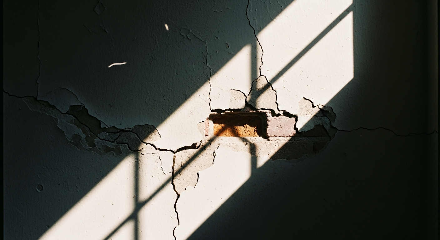 Strong light flooding through deep cracks in an old plaster wall with peeling paint and exposed brick, showing how criticism reveals integrity and courage under fire