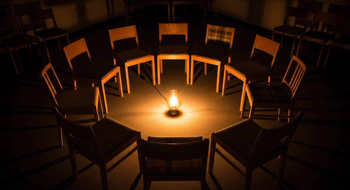 A circle of empty chairs around a warm amber lamp in a dimly lit room
