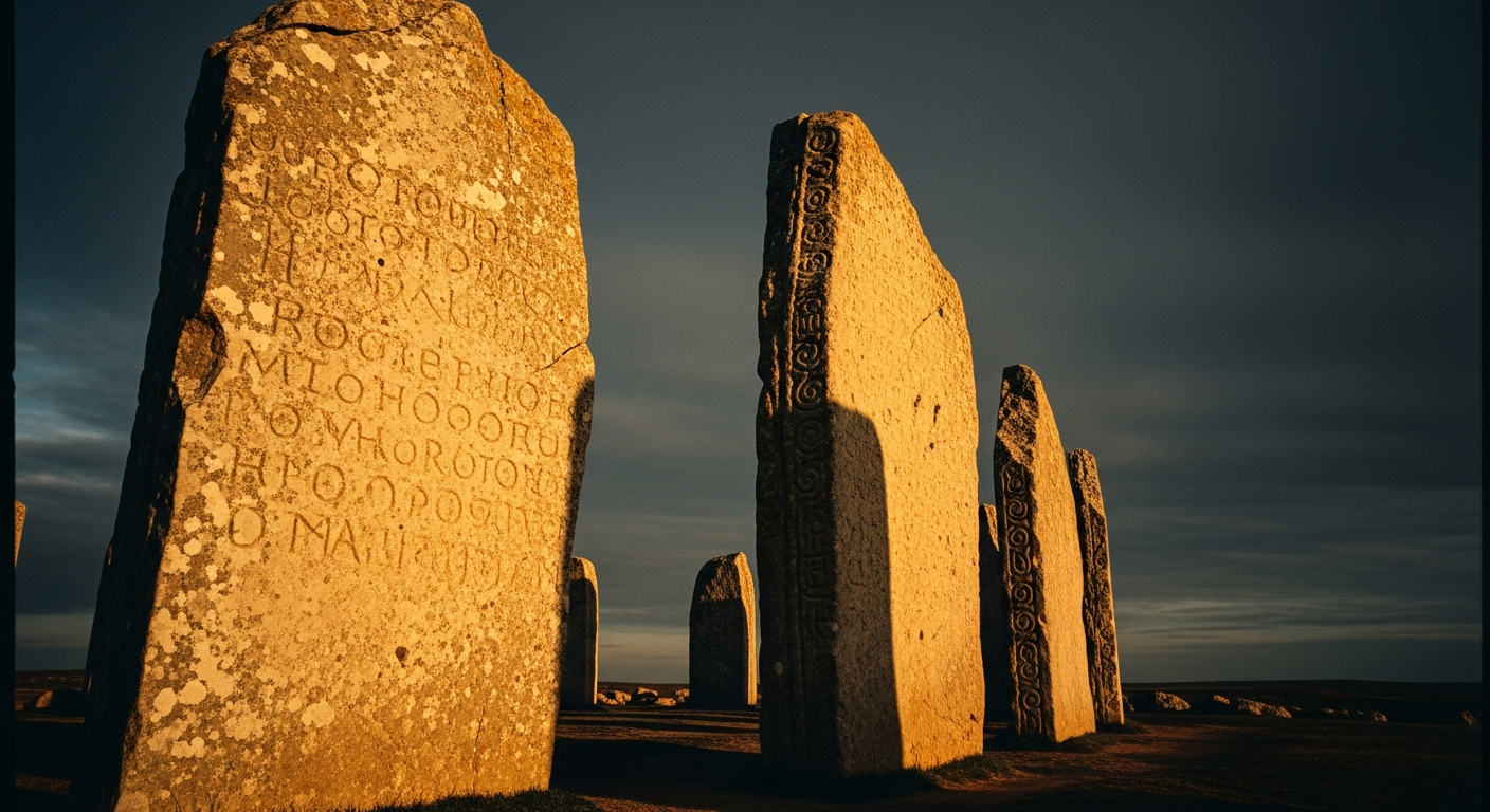 Ancient memorial stones in dramatic golden side-lighting against dark sky