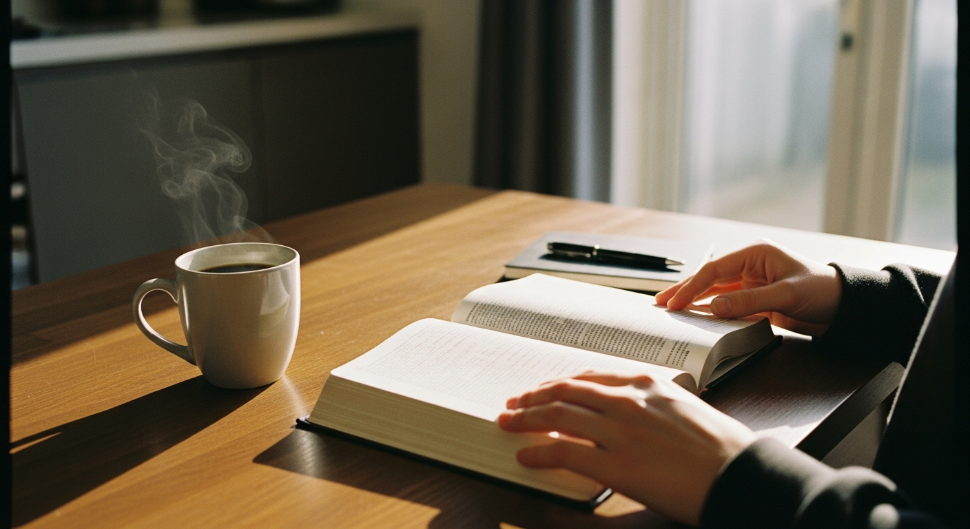 Open Bible on a morning table beside steaming coffee in window light, receiving daily bread from Scripture and the Holy Spirit as spiritual practice