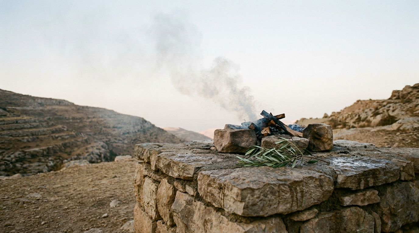 A close view of a rough stone altar at first light, pale smoke curling upward against a wide dawn sky over drying land, a single olive branch on the ground nearby, no ark, no people, no faces, no text