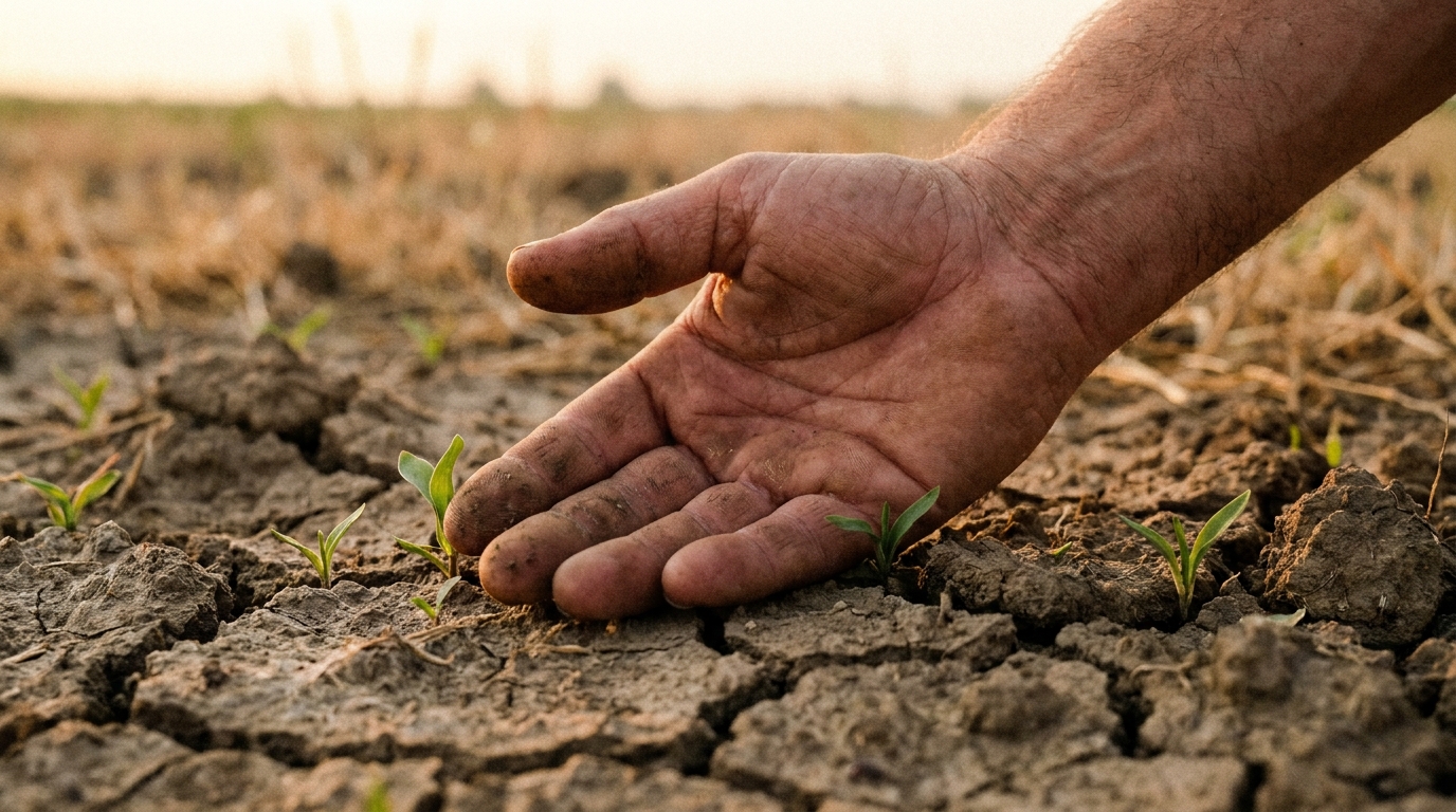 A single open human hand resting palm-up on rough drying earth in warm dawn light, fresh green shoots breaking through the cracked soil around it, close and unposed, no face, no text