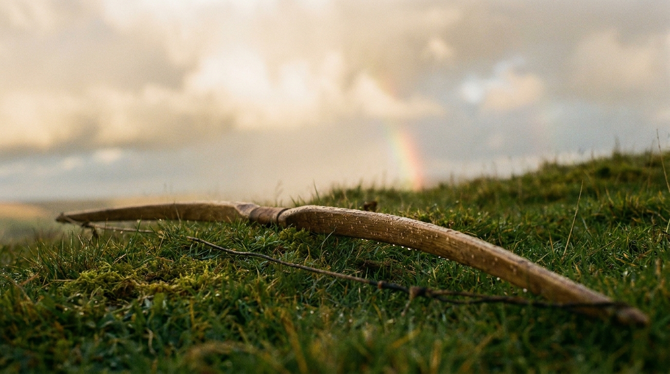 A close view of a rain-beaded archer's bow laid down and unstrung on wet grass under a clearing sky, faint rainbow light in the background, warm dawn colour, no faces, no text