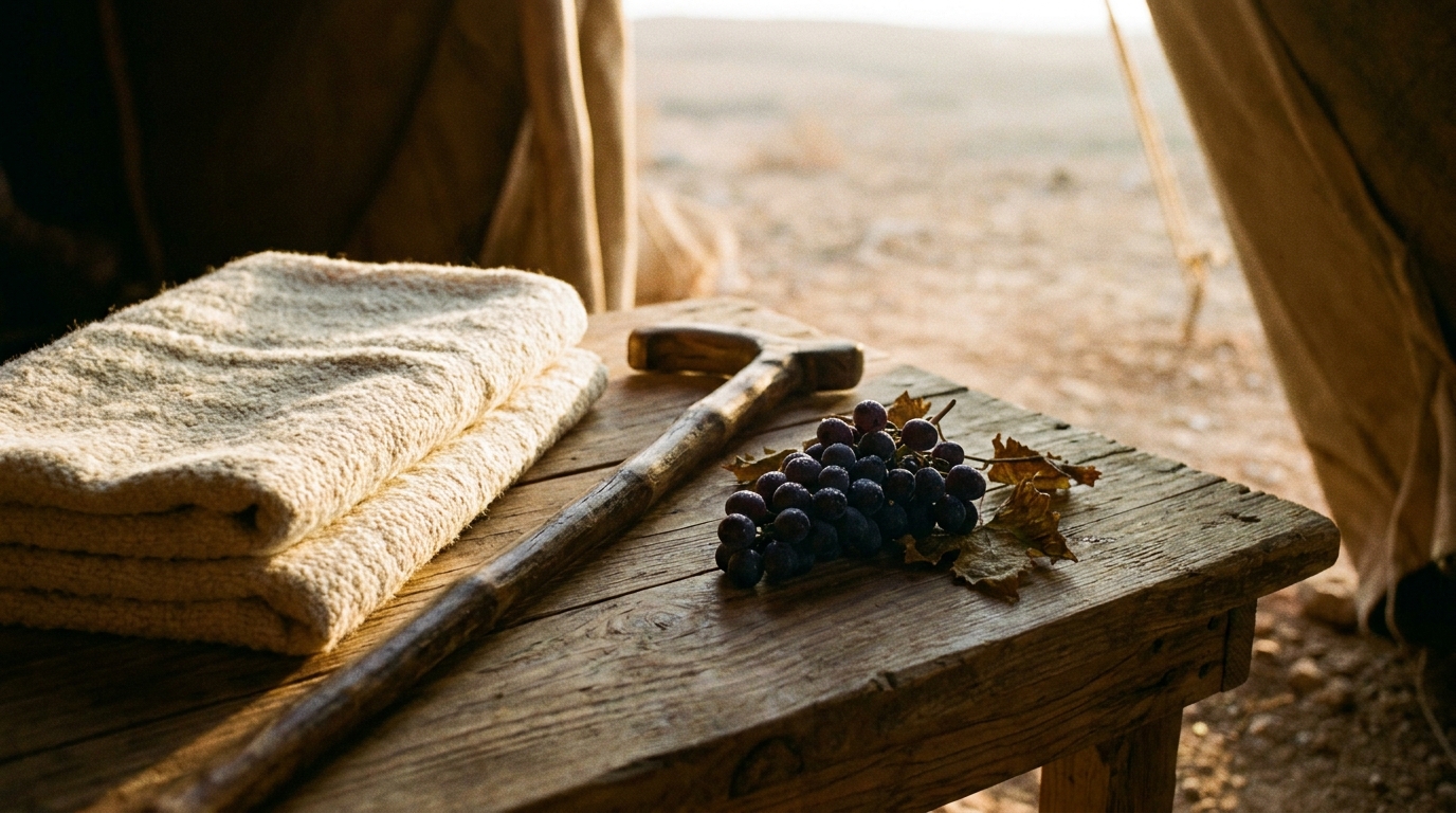 A close still life of a length of undyed woven wool cloth folded across a carved olive-wood staff at a tent doorway in warm dawn light, a few dark grapes and fallen vine leaves on the packed earth below, no people, no faces, no text