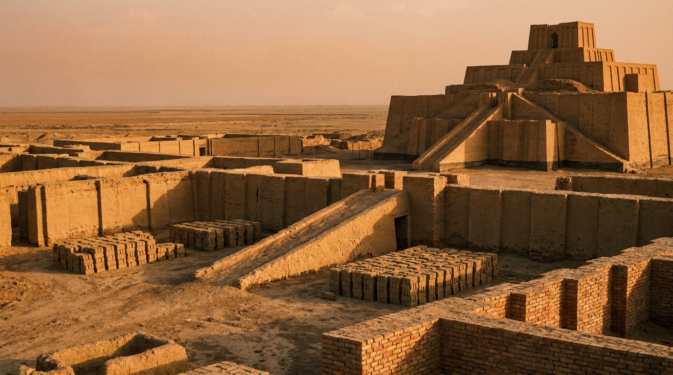 A half-built ancient brick city and the foundations of a great stepped tower rising on a flat plain at golden hour, stacks of drying bricks and earthen ramps, no people, no faces, no text