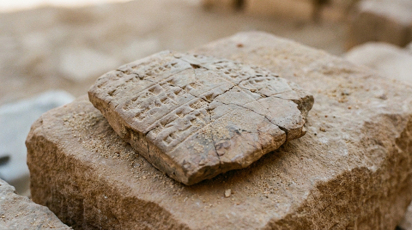 A close view of a worn clay tablet incised with rows of ancient script and column marks, cool morning light across the surface, no people, no faces, no text readable