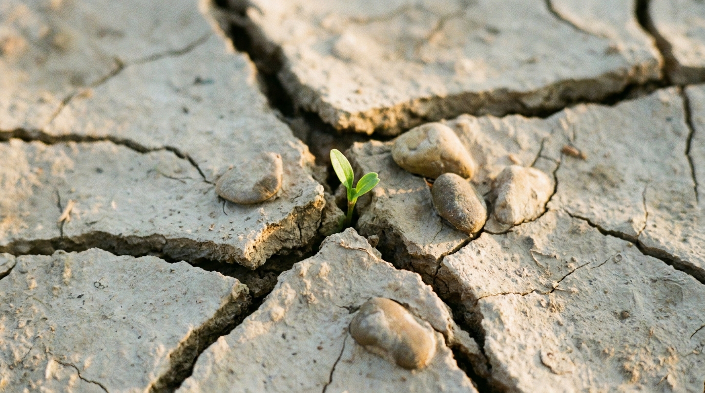 A close view of a dry riverbed and cracked earth at dawn with a single green shoot breaking through, soft cool light, no people, no faces, no text