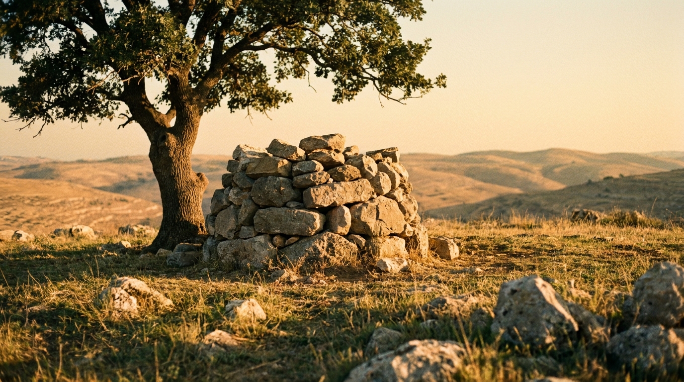 A rough altar of piled uncut stones on a bare hilltop beside a single large oak tree at dawn, wide empty landscape beyond, soft warm light, no people, no faces, no text