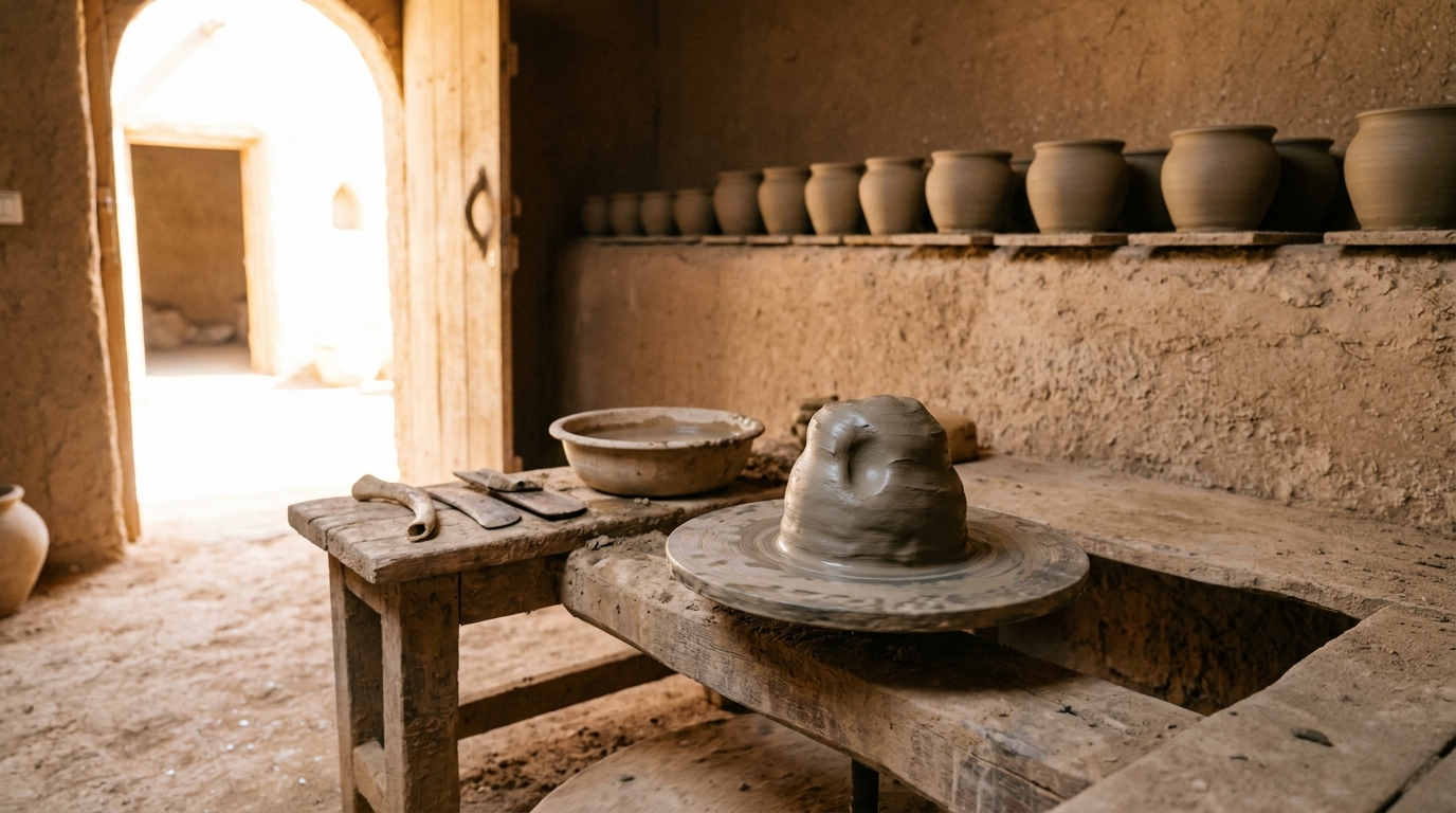 An empty ancient potter's workshop in warm daylight, a kick-wheel with a half-formed lump of wet clay on it, shaping tools on a bench and plain drying pots on a shelf