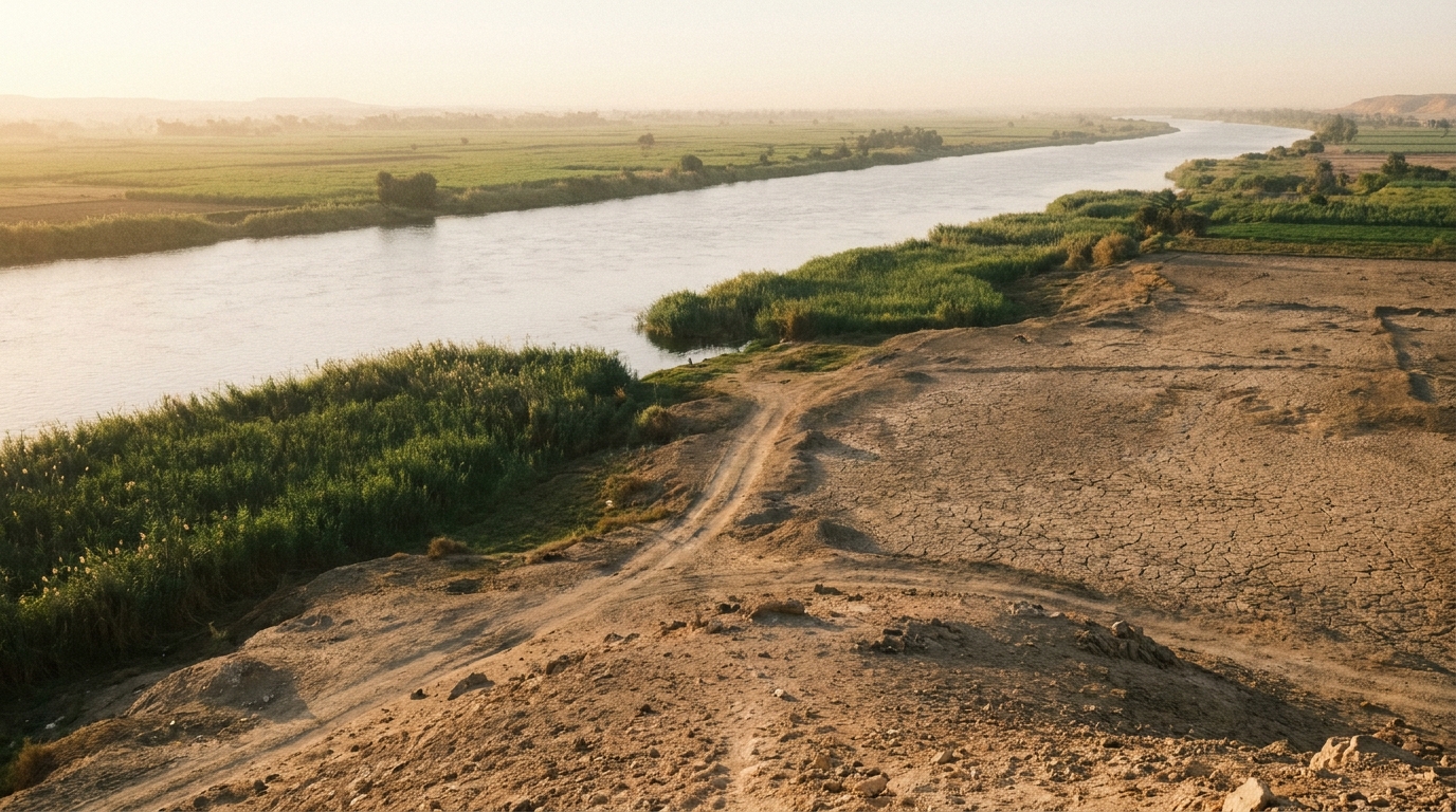 A wide green river valley at the edge of a parched desert seen from a low rise at dawn, fertile fields and reed beds along the water on one side and cracked dry land on the other, a faint track leading down toward the valley, soft warm light, no people, no faces, no text