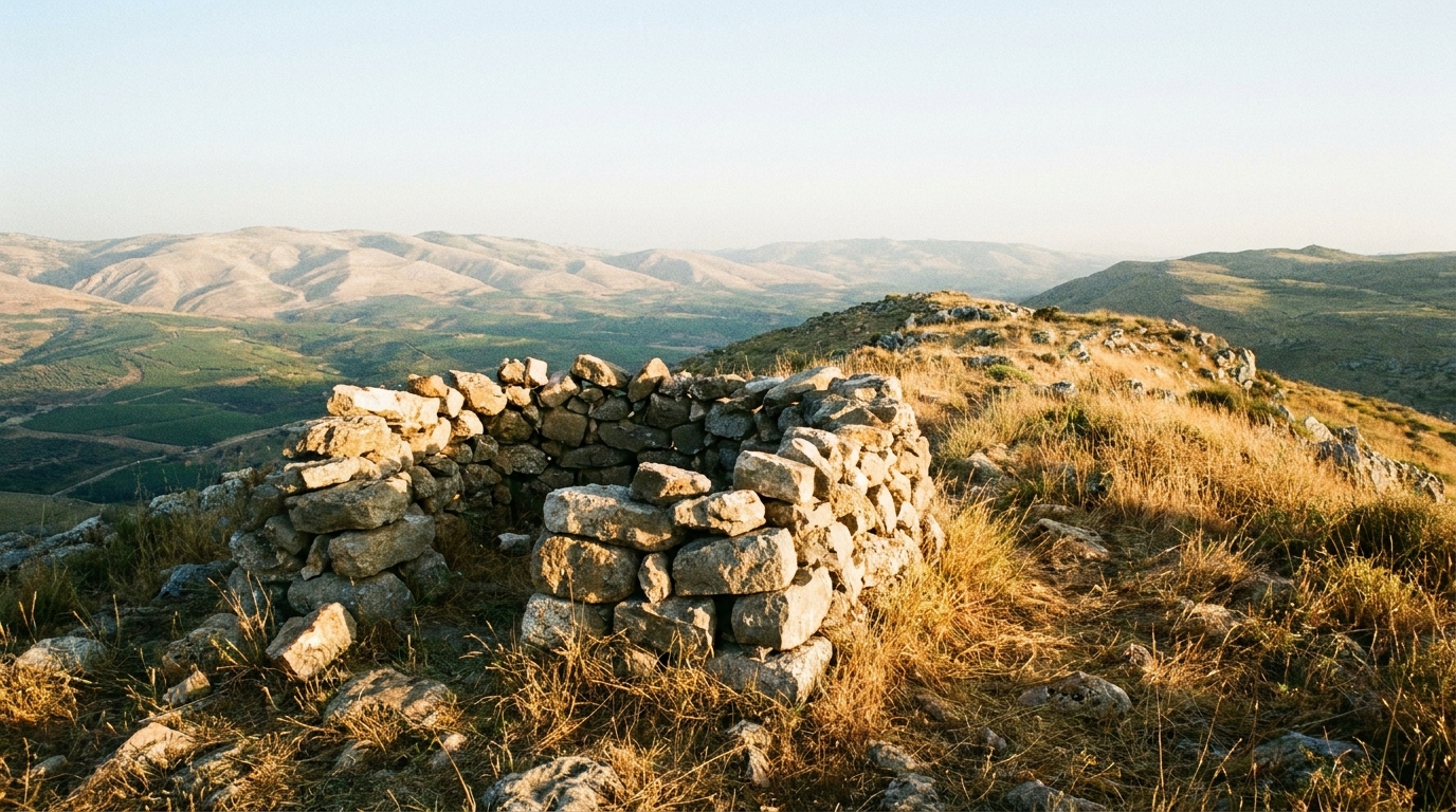 A rough field-stone altar of piled uncut stones on a high open ridge between two hills at dawn, warm early light raking across the stones and the dry grass, a wide land of valleys and distant hills opening beyond under a bright pale sky, unstaged documentary landscape, no people, no faces, no text, mid-tones and warm highlights
