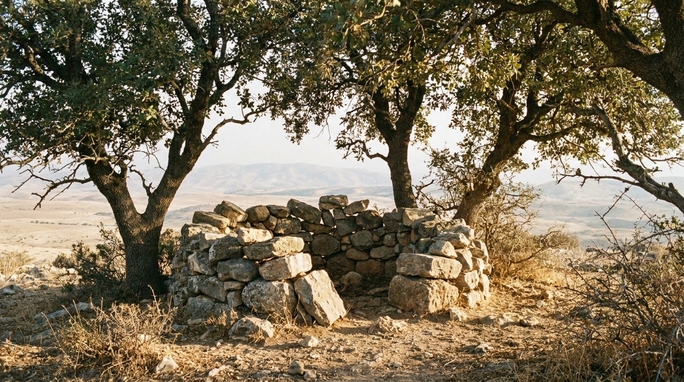 A low pile of rough uncut fieldstones forming a simple altar under two large spreading terebinth trees on a dry ridge at first light, warm gold light through the leaves, a wide pale land opening beyond to distant hills, unstaged documentary landscape, no people, no faces, no text, mid-tones and warm highlights