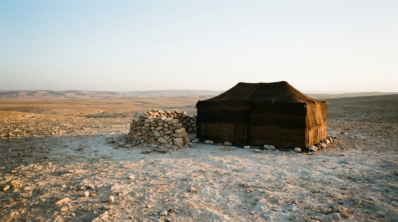 A low pile of rough stones and a single small goat-hair tent on dry pale highland at first light, cool dawn giving way to warm gold across the stony ground, a wide empty land opening north toward distant hills, unstaged documentary landscape, no people, no faces, no text, mid-tones and warm highlights