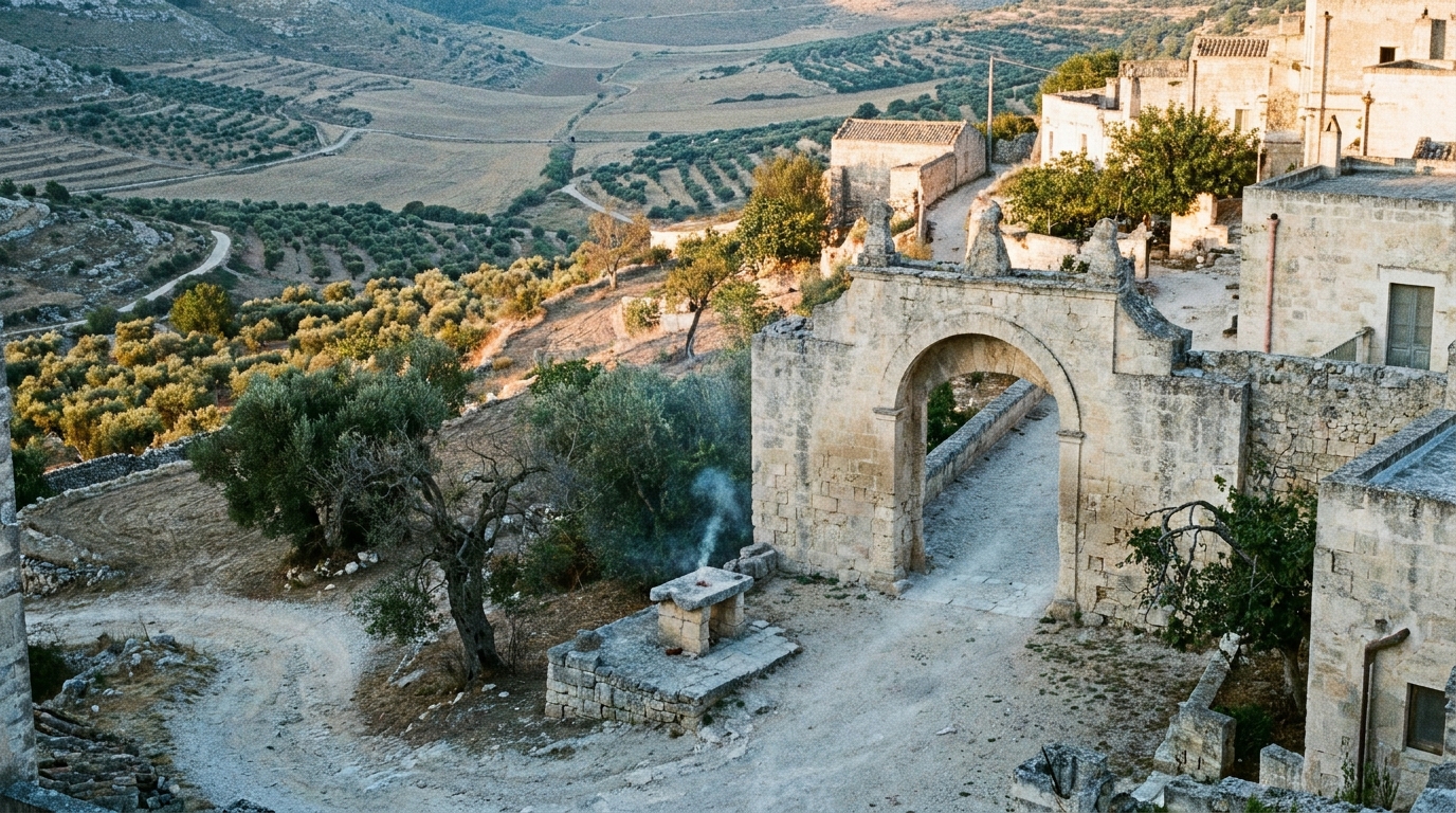 An ancient limestone city gate in a hill town at first light, a low stone altar with a thin curl of smoke, terraced olive slopes falling away below, cool dawn giving way to warm gold on pale stone, wide empty landscape, unstaged documentary style, no people, no faces, no text
