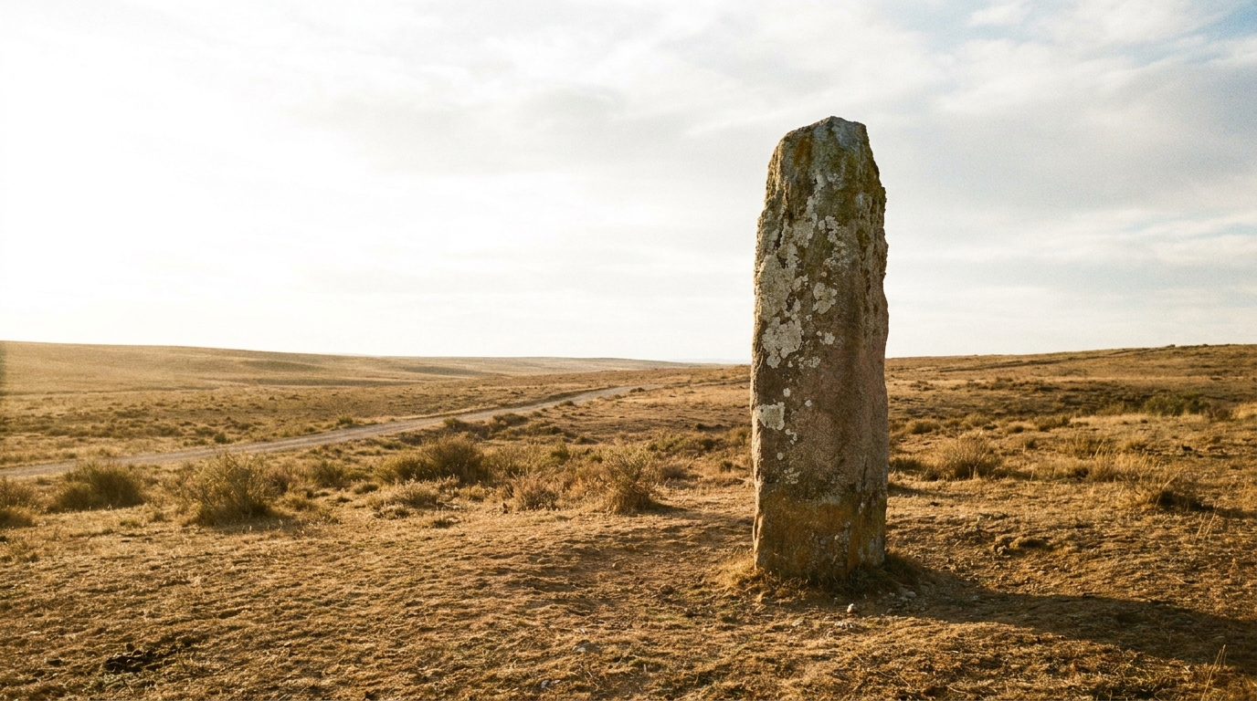 A single weathered ancient stone pillar standing firm on a bright open plain in clear golden morning light, warm sun on the pale rugged stone and dry ground, a vast luminous sky behind it, wide empty landscape, unstaged documentary style, no people, no faces, no text