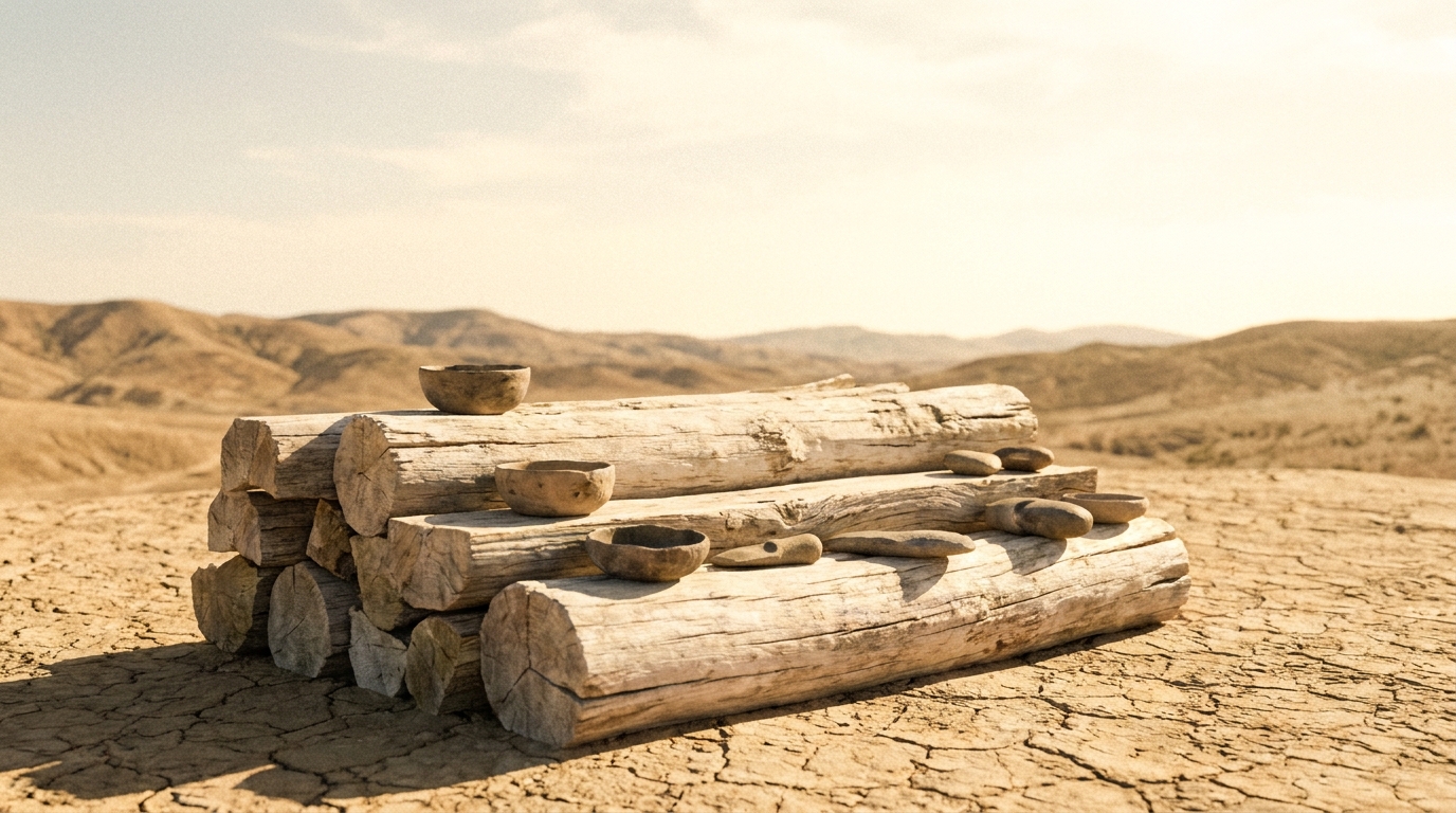 A low altar of pale split logs stacked on bright bare ground under a vast luminous sky, strong warm sunlight across the weathered wood and dry earth of a wide sunlit wilderness reaching to distant hills, unstaged documentary style, no people, no faces, no text