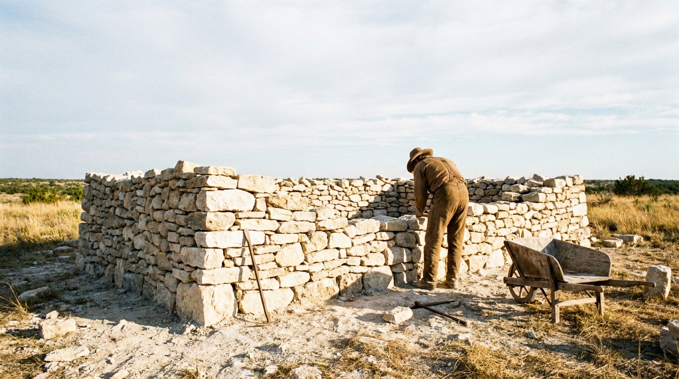 A low half-built wall of pale stacked stones on bare dry ground under a vast luminous sky, strong warm sunlight across the weathered stone and pale earth of a wide wilderness reaching to distant hills, unstaged documentary style, no people, no faces, no text