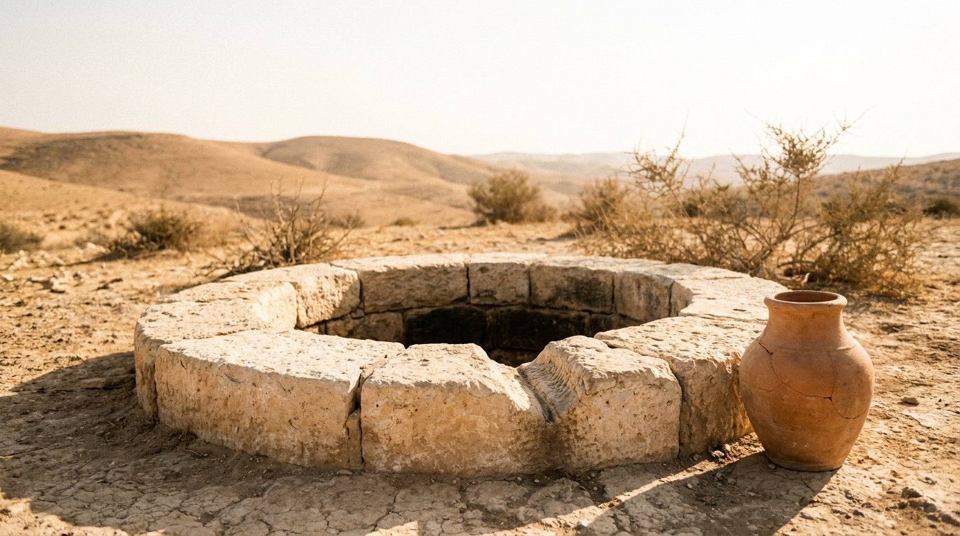A spring welling up in bare desert rock at dawn, clear water catching warm light on pale weathered stone under a vast luminous sky, wilderness reaching to distant hills, unstaged documentary style, no people, no faces, no text