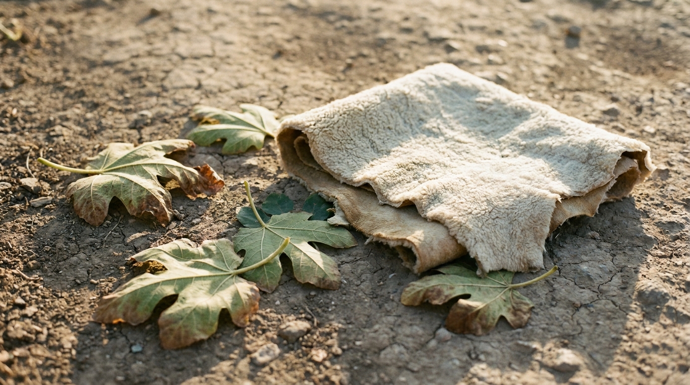 Broad fig leaves curling brown and brittle on bare earth beside a folded piece of soft tanned animal hide in warm afternoon light