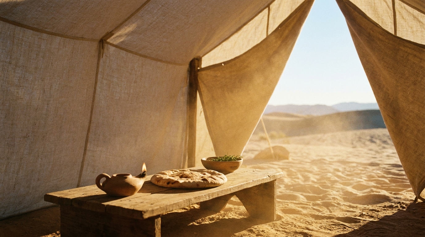 A clay oil lamp on a low wooden table beside a round unleavened loaf and a bowl of green herbs, inside a sunlit linen tent open to desert sand and hills, no people, no faces, no text