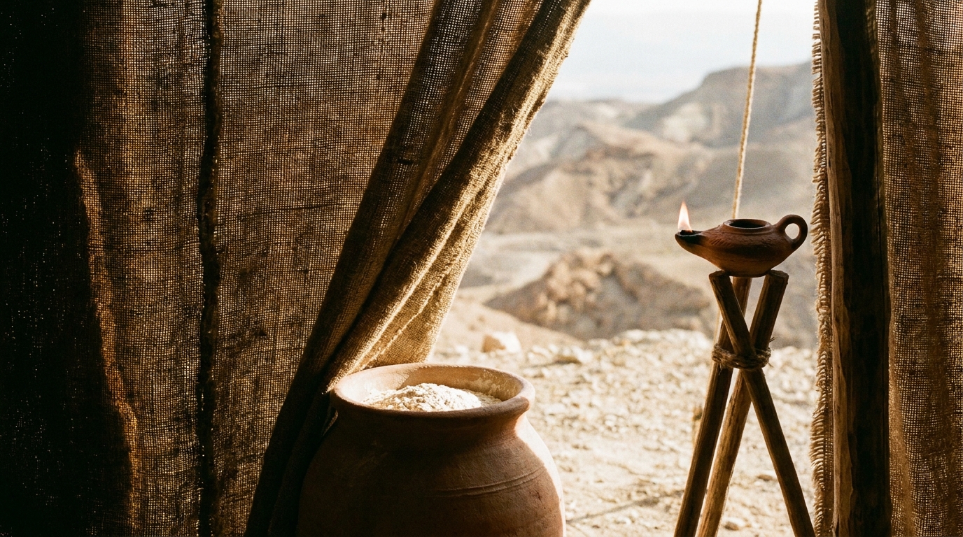 An ancient woven tent curtain half drawn back, warm sunlight falling across a clay jar of fine flour and a lit oil lamp on a wooden stand inside, desert hills beyond, no people, no faces, no text