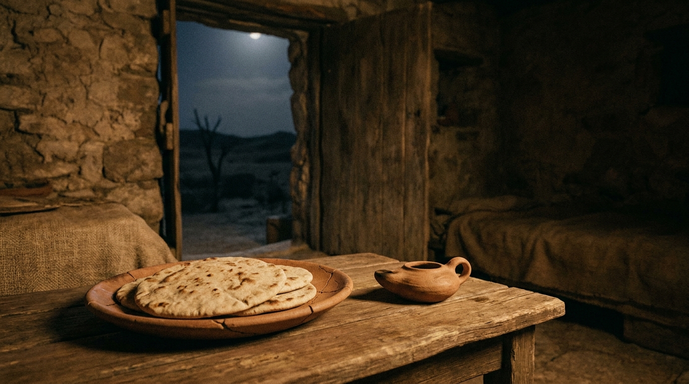 Flat unleavened loaves on a clay dish beside an oil lamp near the doorway of a stone house at night, no people, no faces, no text