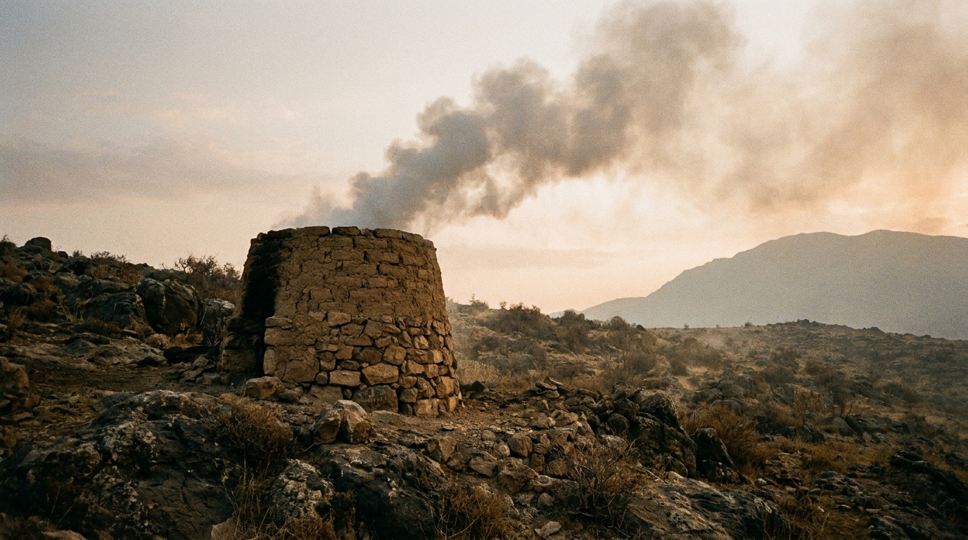 A clay kiln on a dark hillside with a thick column of smoke rising into a grey dawn sky, no people, no faces, no text