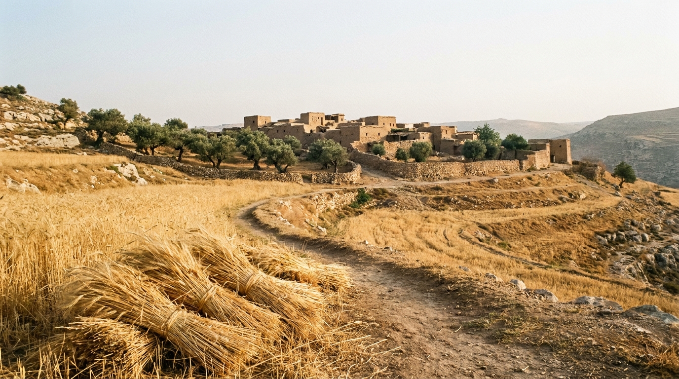 Sheaves of barley at the edge of a golden field, a path winding toward a small ancient walled village in early light, no people, no faces, no text