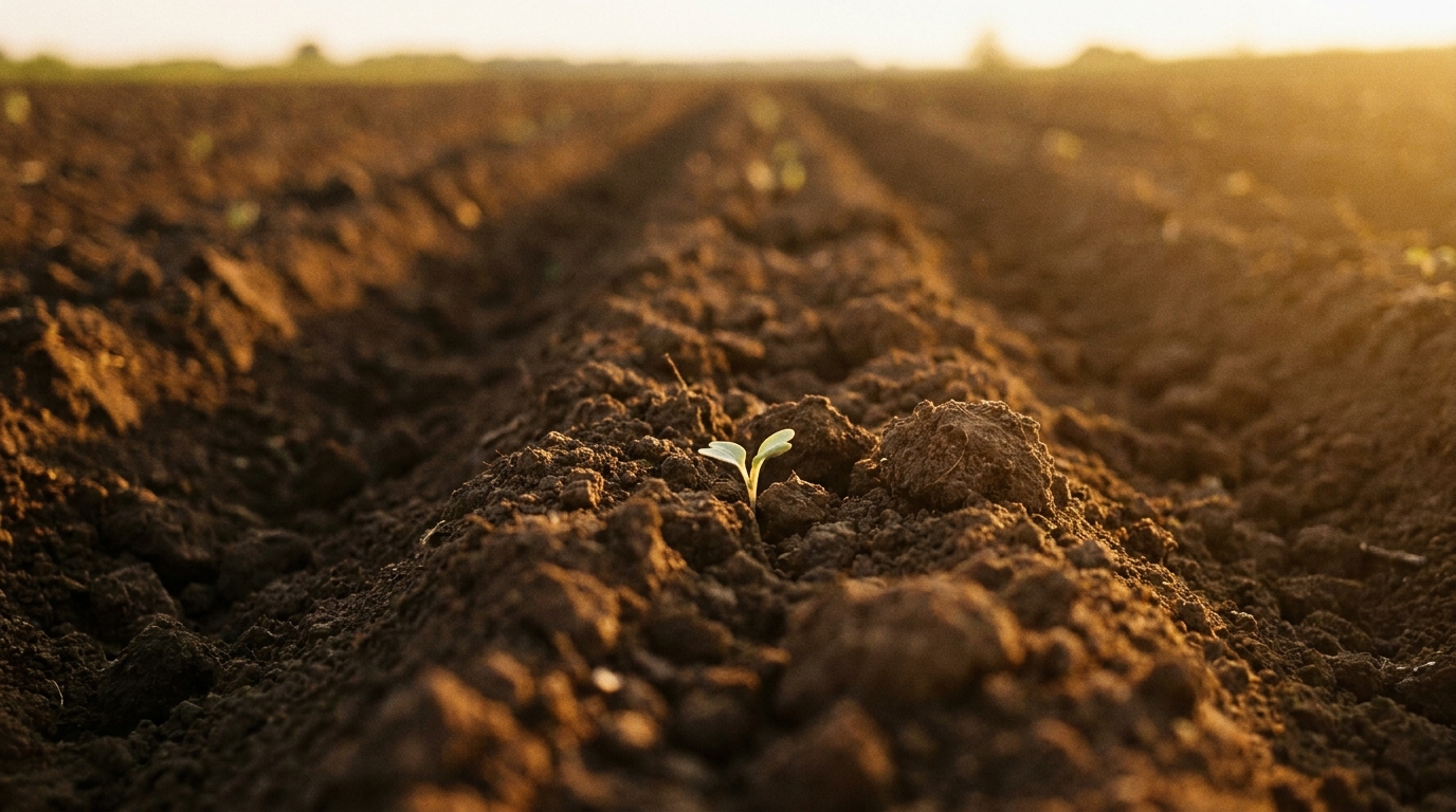 Dark freshly tilled earth at dusk with deep furrows, a faint red seep gathering in one furrow and a single pale green sprout at the far edge, warm low light, no faces, no text