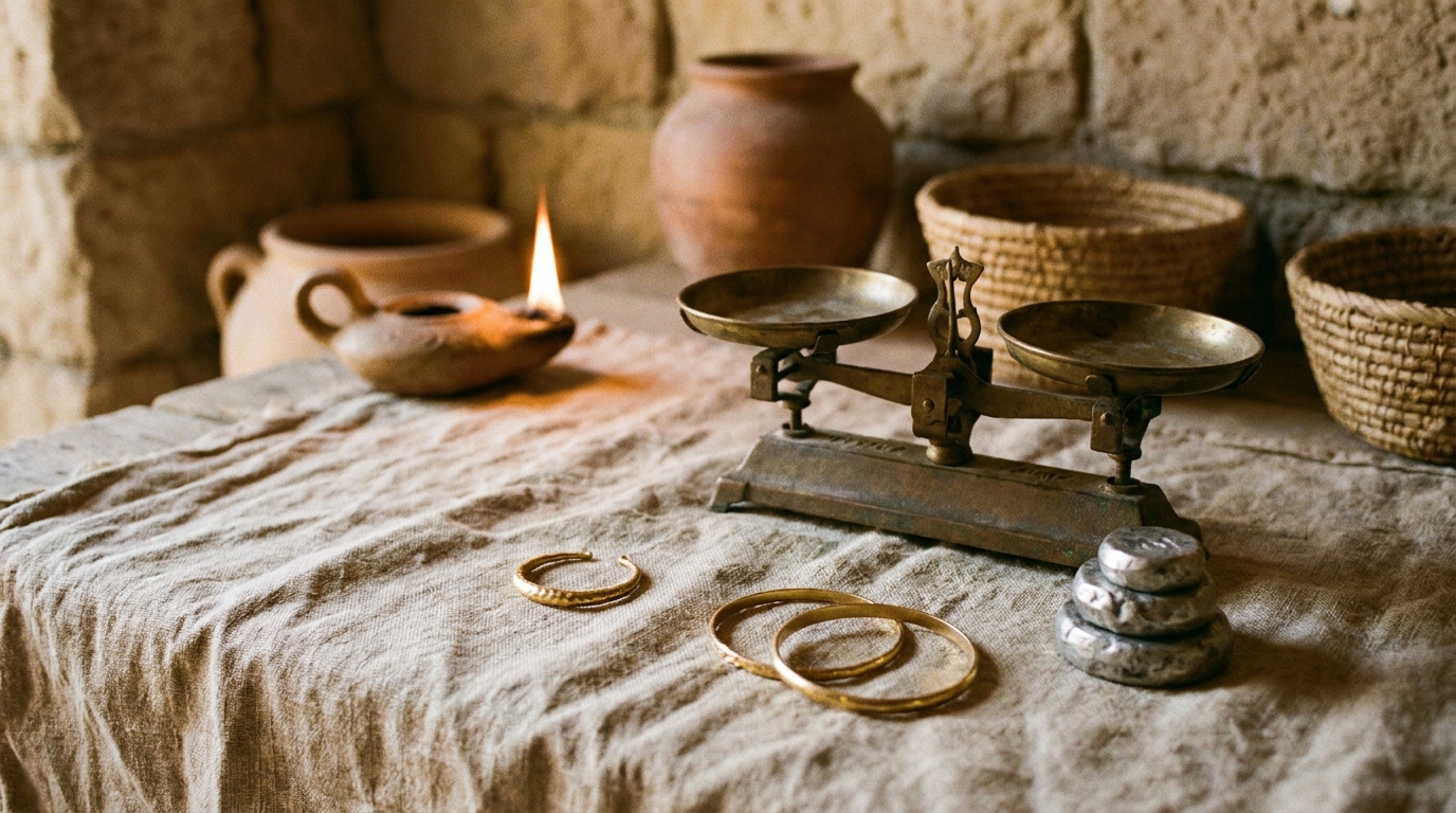 A single gold nose ring and two gold bracelets resting on a small bronze balance scale beside a stack of silver weights on rough linen, warm lamplight, no people, no faces, no text