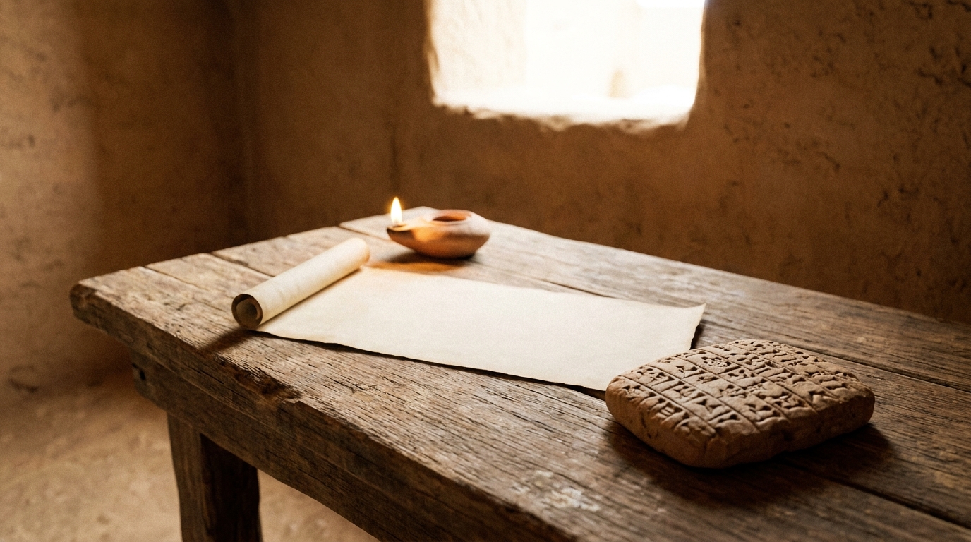 An oil lamp burning beside an unrolled scroll and a clay tablet with cuneiform script on a rough wooden table in soft daylight from a window, no people, no faces, no text