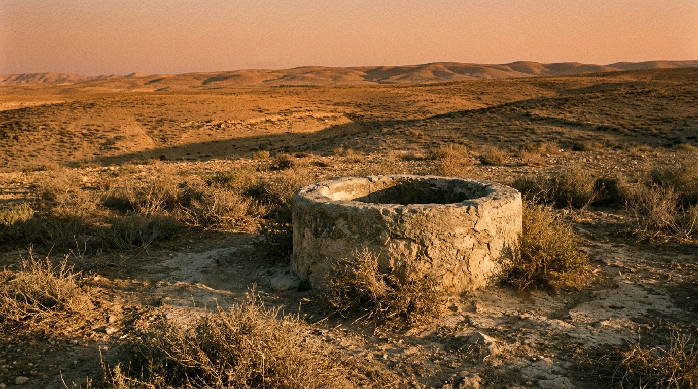 A dry field at the edge of the Negev desert at dusk, a stone well rim in the foreground and long shadows across scrub and low hills, no people, no faces, no text
