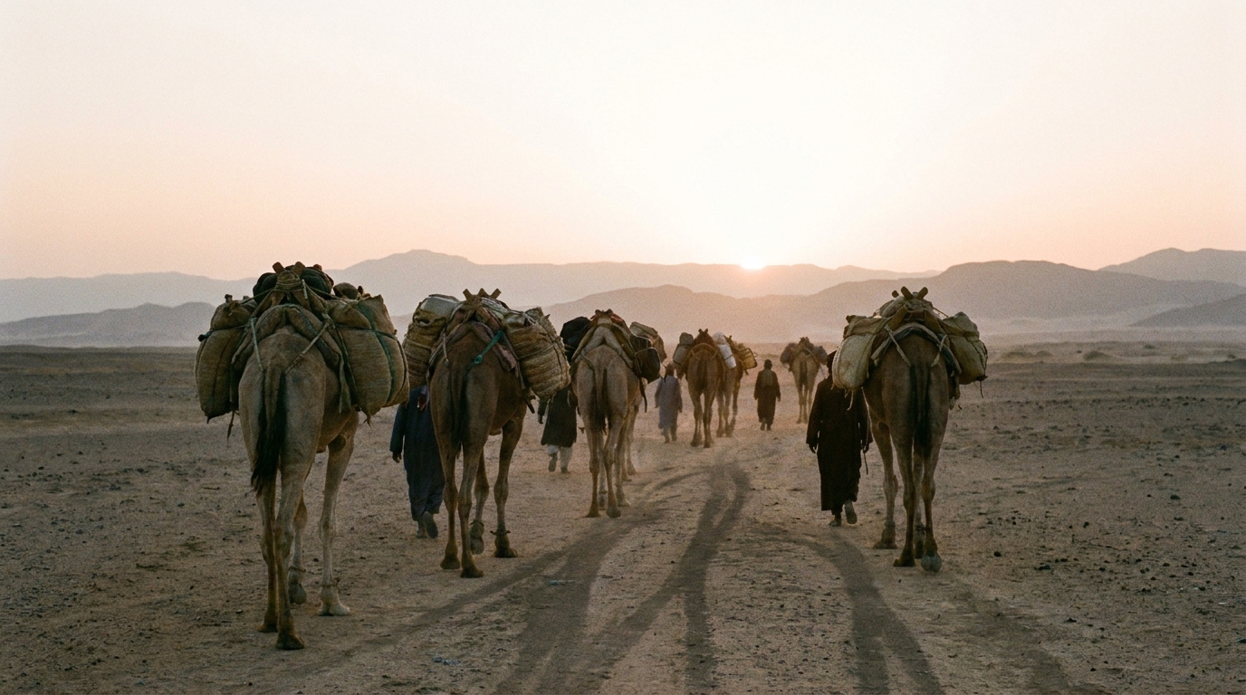 A caravan of loaded camels and walkers seen from behind, heading east across open desert toward low hills at dawn, no faces, no text
