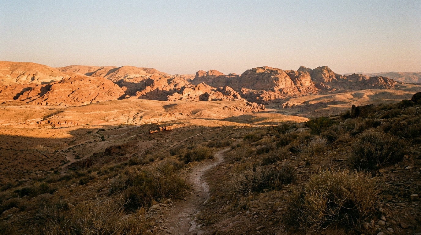 The red sandstone hills of Seir in Edom at sunrise seen across the Arabah valley, a shepherd path below, no people, no text