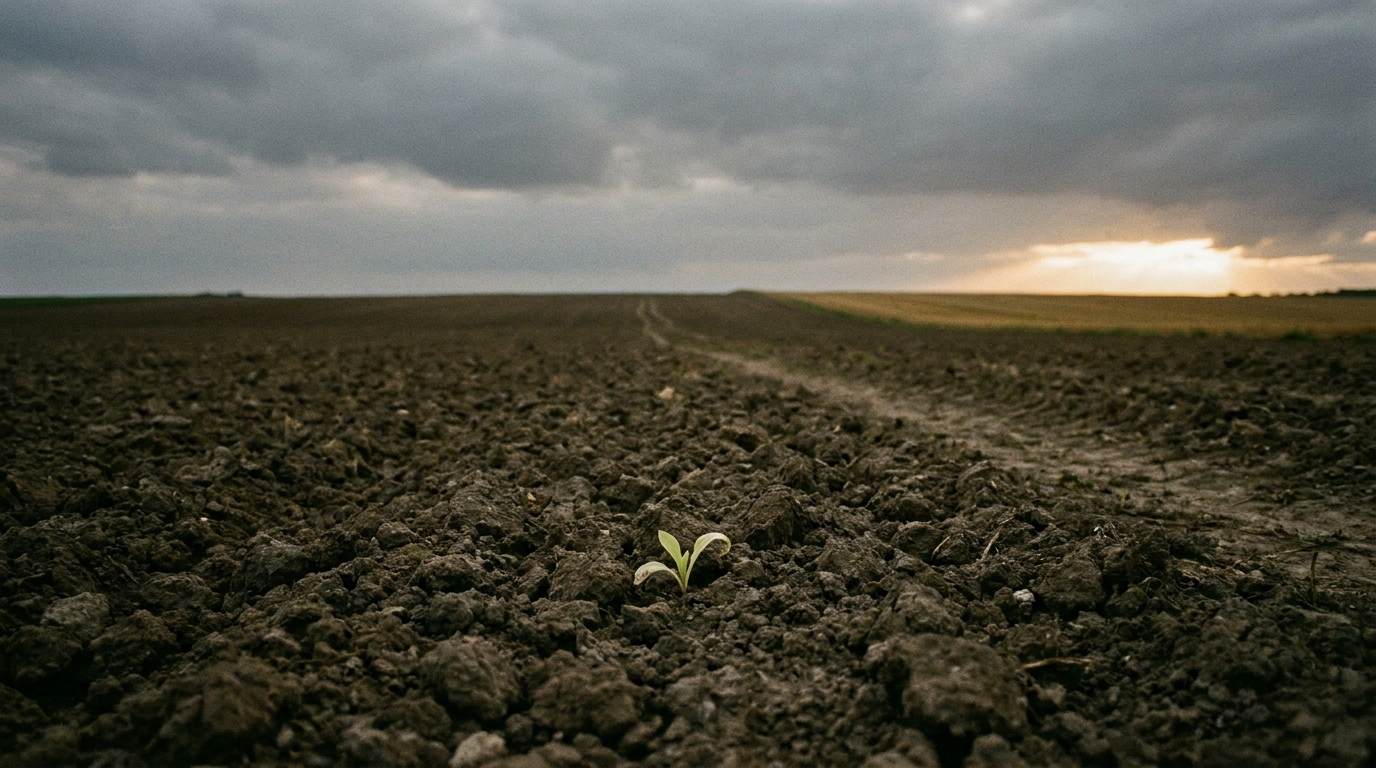 Dark tilled earth at dusk under a wide sky, a faint worn path crossing it toward the horizon where one break in the clouds lets warm light spill down, a single pale green sprout at the near edge, no people, no faces, no text