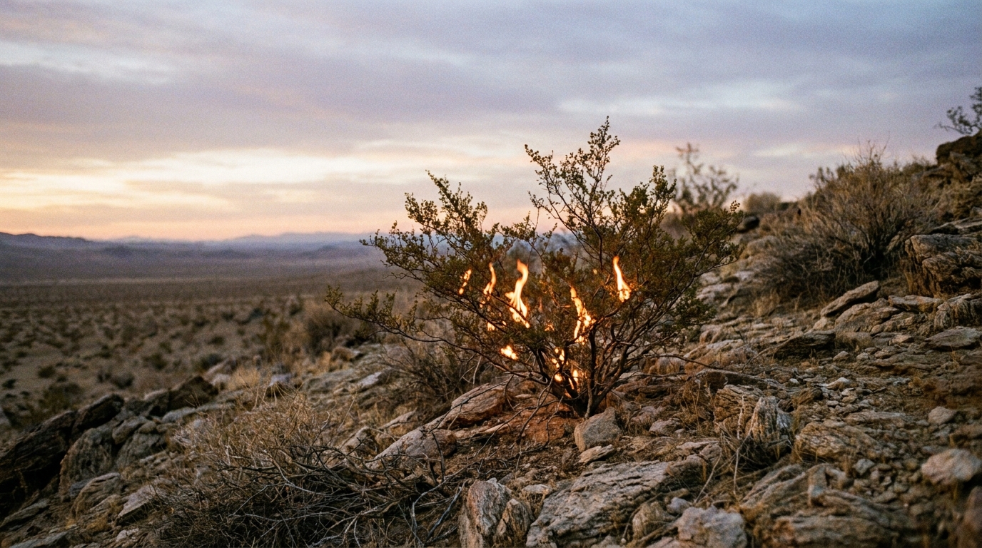 A low burning thornbush on a rocky desert slope at dawn, its flames steady and the branches unconsumed, wide empty wilderness behind, no people, no text