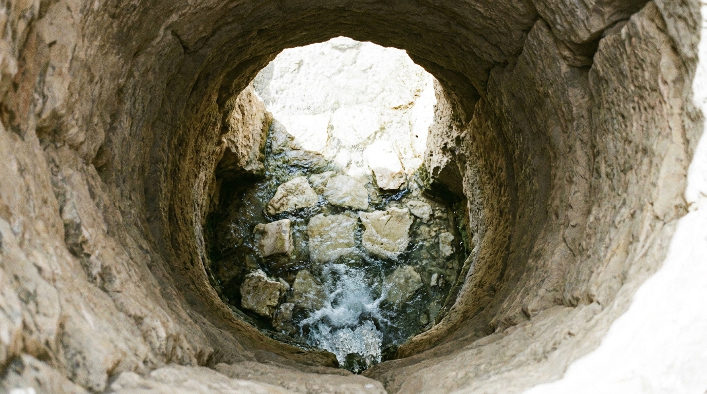 A clear spring welling up through pale stones at the bottom of a deep rock-cut well shaft, sunlight falling in from the round opening above, water moving, no people, no text