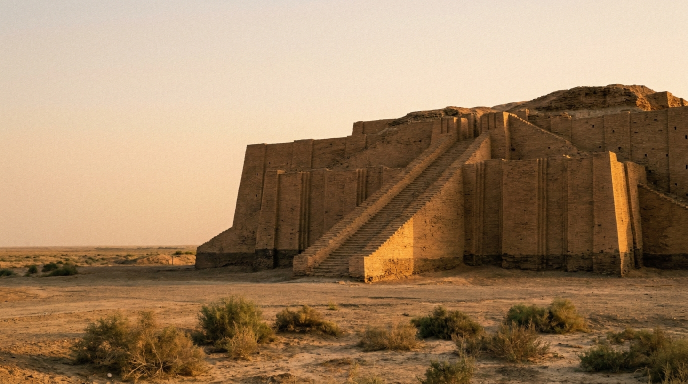 A stepped mud-brick temple tower rising from a flat plain at sunset, a long stairway climbing its face toward an empty sky, no people, no text