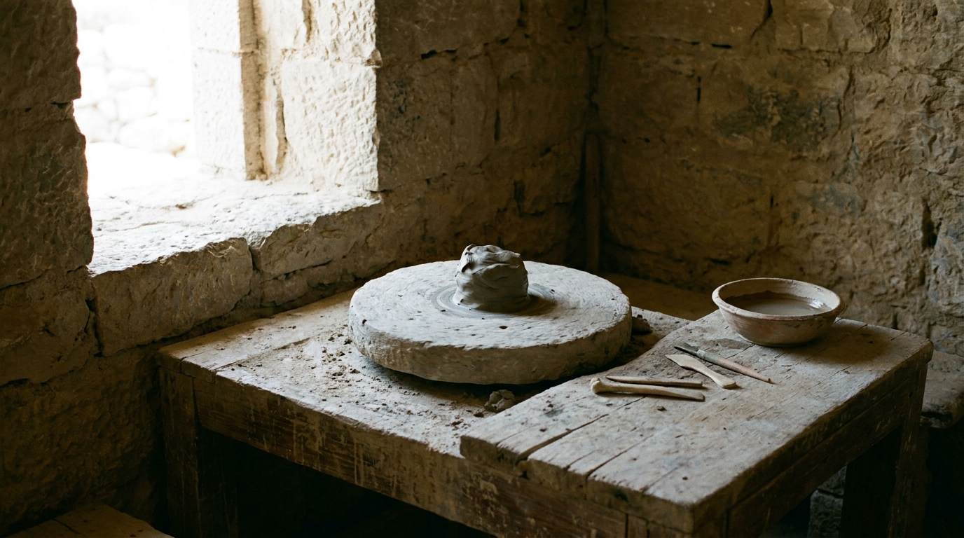 A lump of wet grey clay half-shaped and left resting on a still stone potter's wheel in a bright airy workshop, even natural daylight from a large window falling across the clay and a worn wooden bench, no hands, no people, no faces, no text