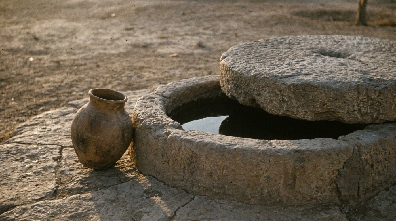 An ancient stone well mouth in dry country, its heavy round capstone half rolled aside over dark water, a worn clay jar beside it in evening light, no people, no text