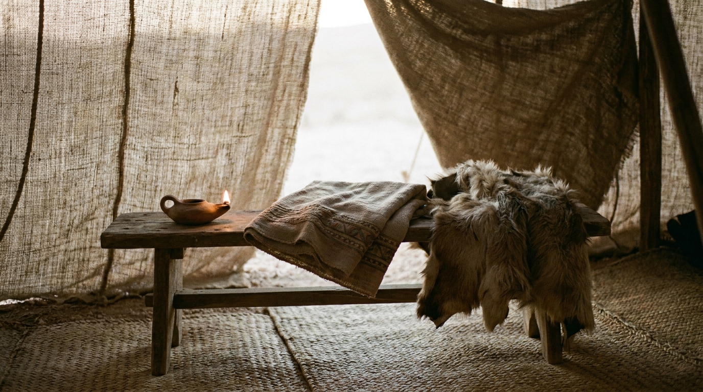 An oil lamp burnt low beside a folded woven veil and a cast-off goatskin on a rough wooden bench, dawn light through a tent flap, no people, no text