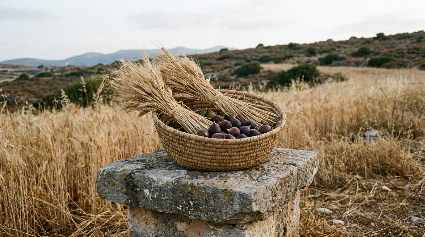 A basket of first barley sheaves and figs on a rough stone altar in a field at dawn, no text, no faces