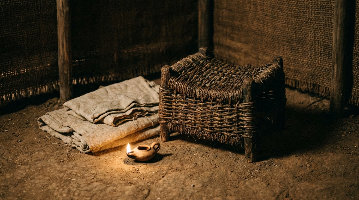 A woven reed birthing stool and a folded linen cloth on a packed earth floor inside a tent, lamplight, no text, no faces