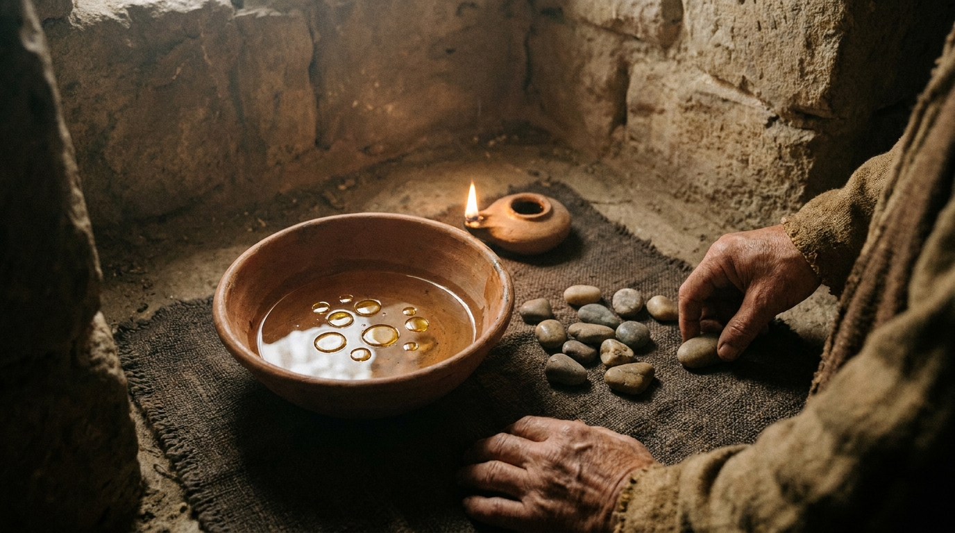 A clay bowl of water with oil drops on its surface beside a scatter of small stones on a dark cloth, lamplight, no text, no faces
