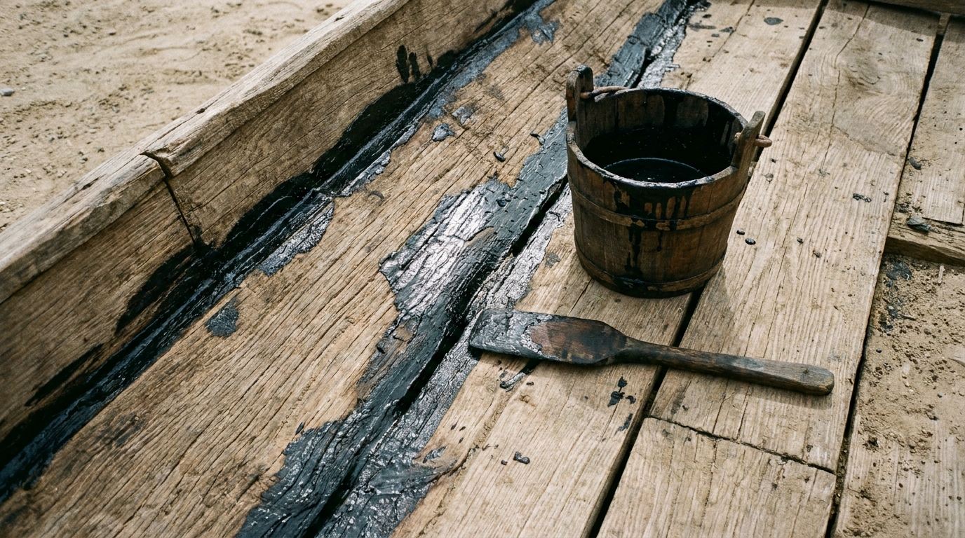 A close view of dark pitch being spread over the seams of rough wooden planks on a boat hull, thick tar filling the joints, warm even daylight, no hands, no people, no faces, no text