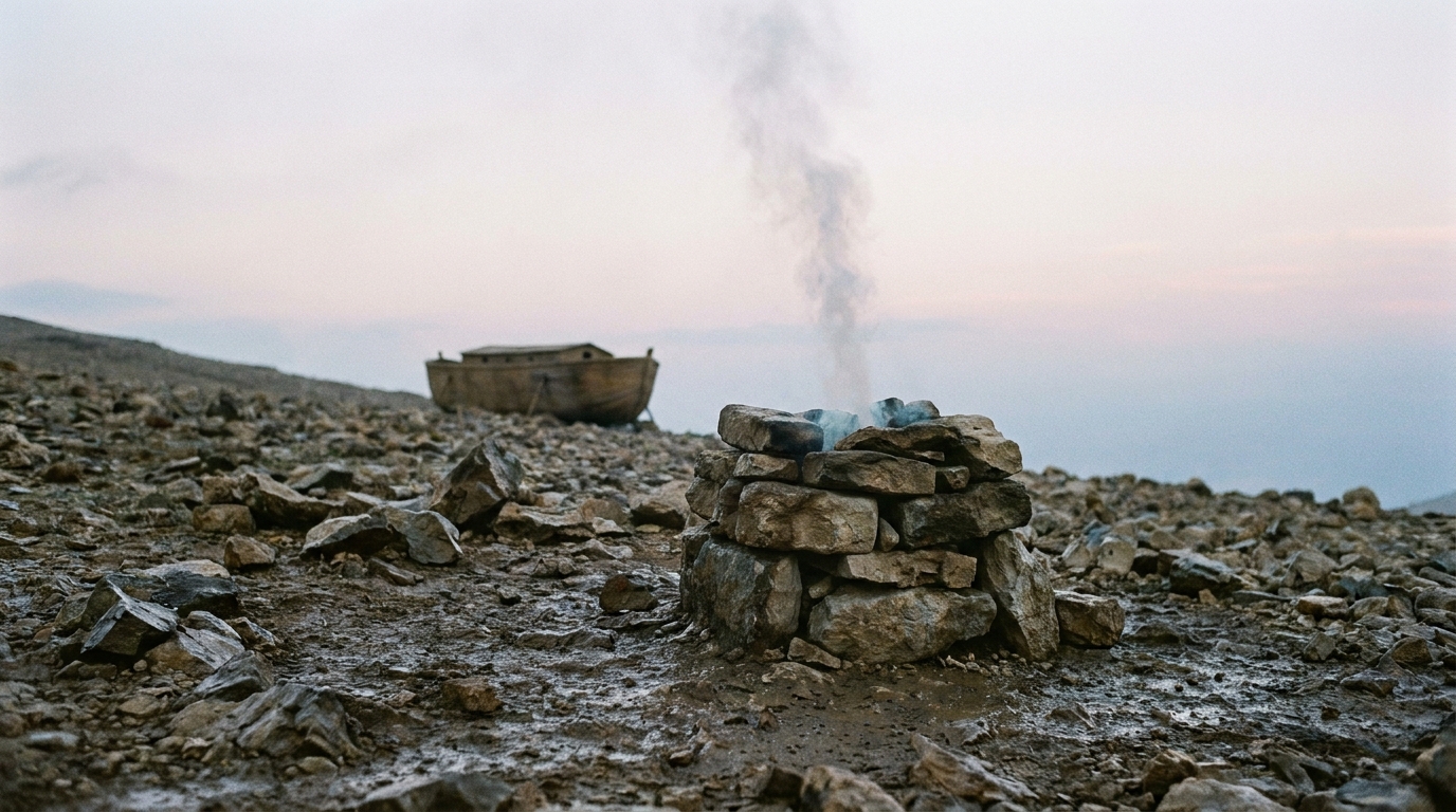 A simple stone altar on a bare mountainside at dawn, a thin line of smoke rising straight into a clearing sky, wet ground and a distant wooden ark behind it, no people, no faces, no text