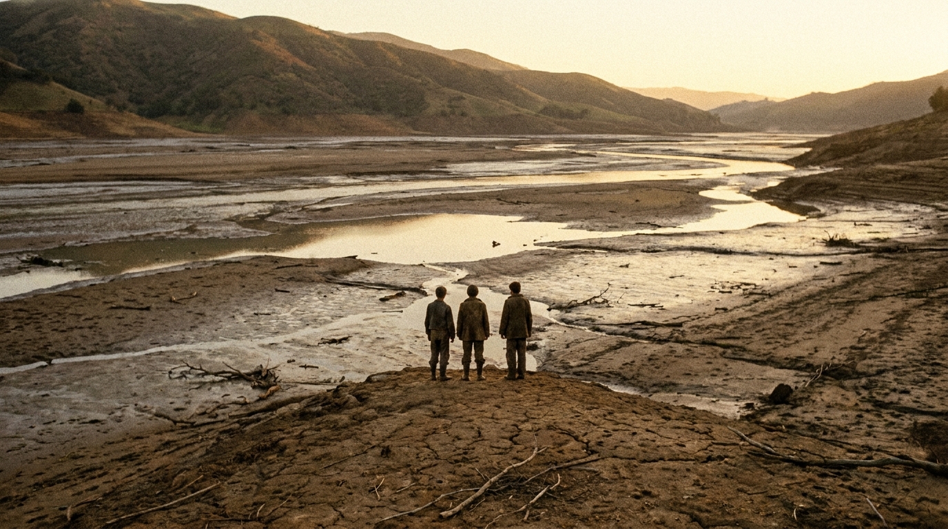 A wide new-dawn valley of drying earth after a flood, one small family of figures seen from far behind standing on a bare ridge, soft light breaking over empty hills, no faces, no text