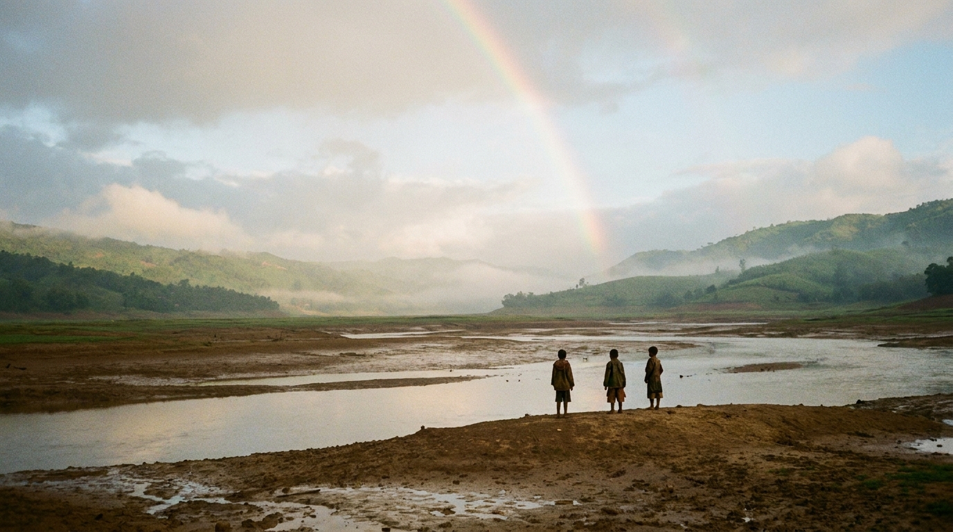 A wide rain-washed valley at dawn with a faint rainbow arcing over drying hills, a few small figures seen from far behind on a low ridge, soft breaking light, no faces, no text