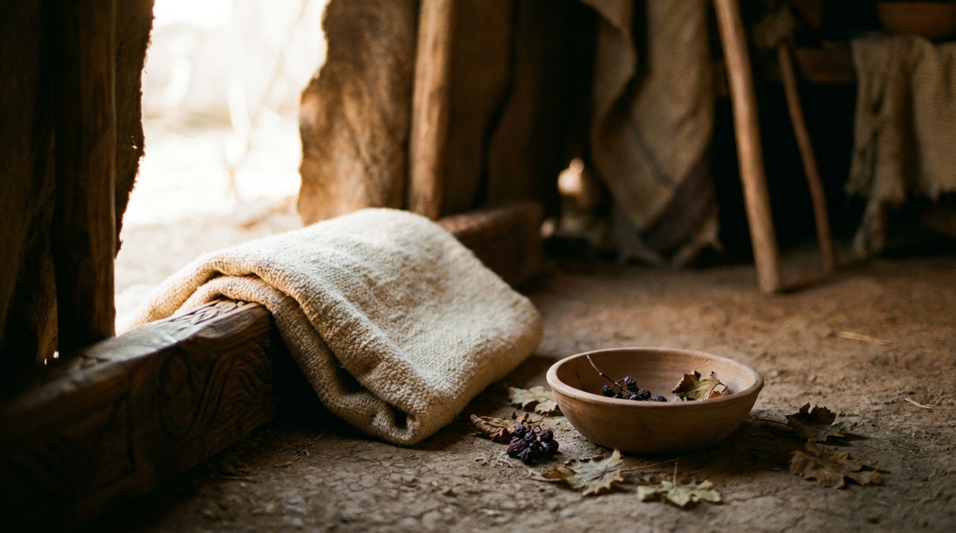 A weathered undyed wool cloak folded over a low wooden beam at the entrance of a Bronze Age tent at dawn, soft golden light falling across the packed-earth floor and a few fallen grape leaves, no people, no faces, no text